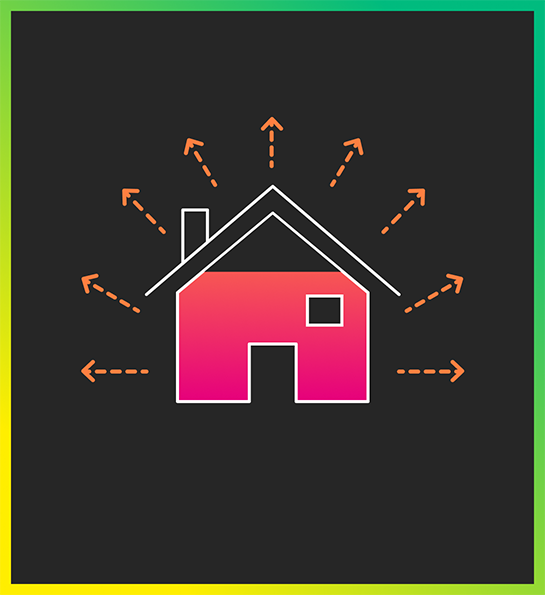 Sketch of a house with escaping warmth (many red arrows pointing away from the house) (graphic)