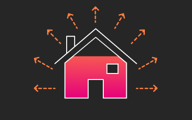 Skizze eines Hauses mit entweichender Wärme (viele rote Pfeile, die weg vom Haus zeigen) (Grafik)