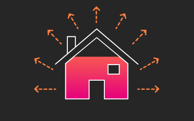 Sketch of a house with escaping warmth (many red arrows pointing away from the house) (graphic)