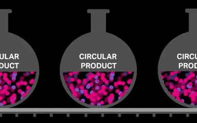 Illustration of round test tubes on a conveyor belt - half filled with colorful circles and Circular Product written above that (graphic)